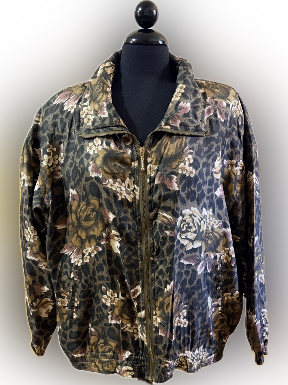 Vintage EVR 100% Silk Leopard Floral Bomber Women’s Jacket Large 90’s Oversized